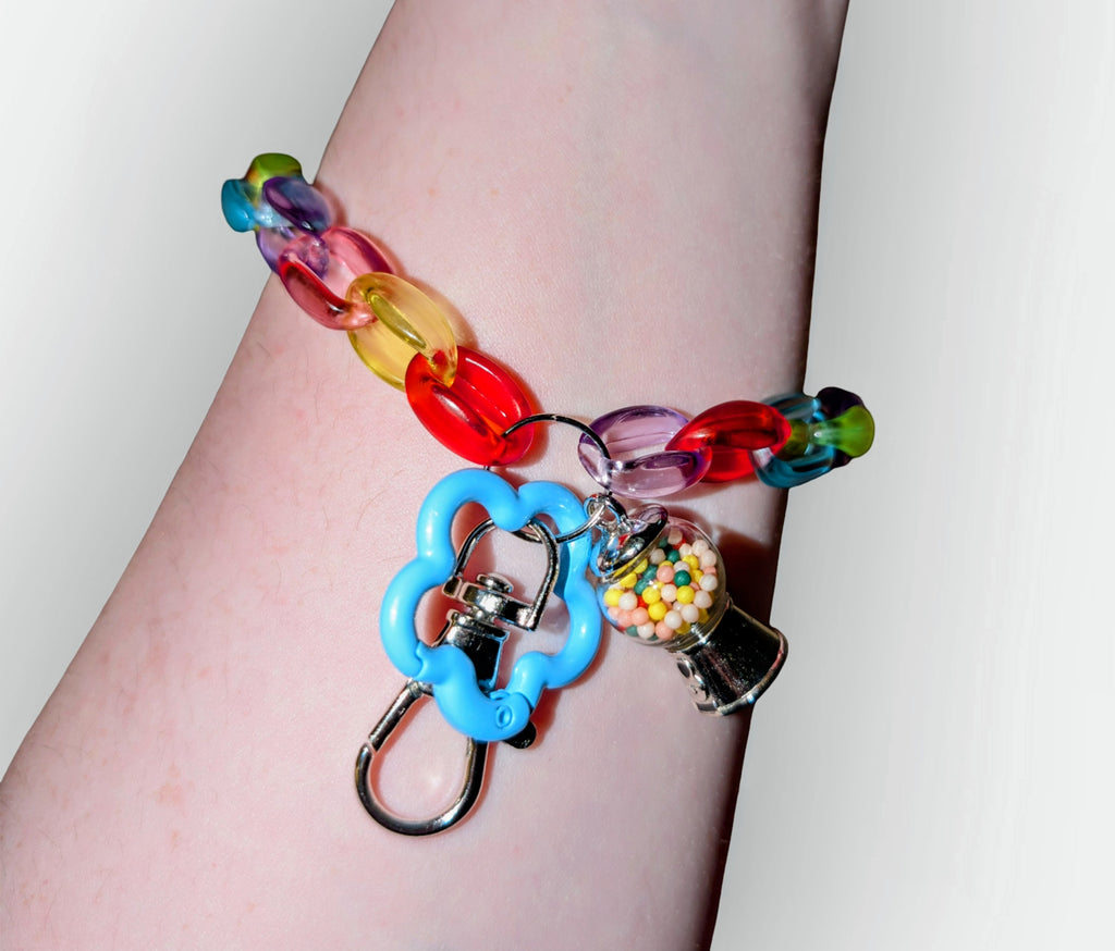 Colorful Rainbow Wristlet Keychain with Gumball Machine Charm