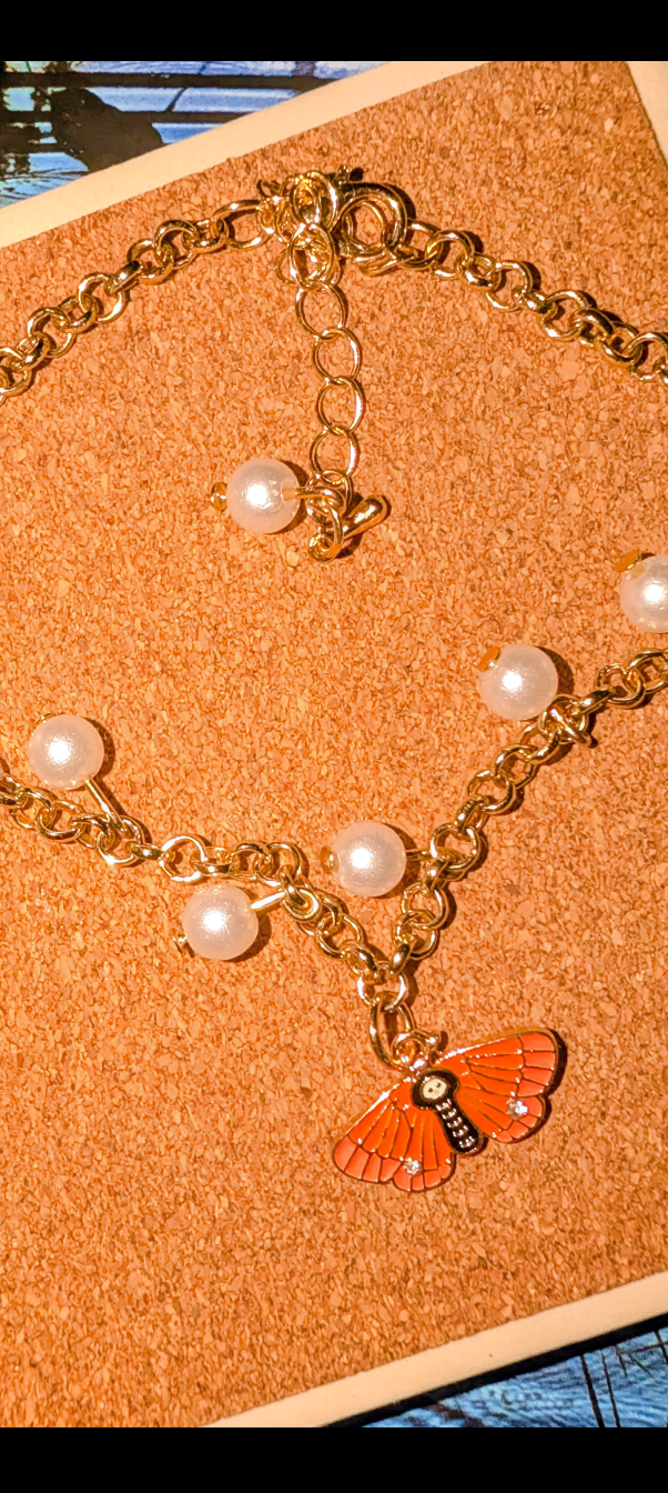 Golden Moth Rolo Bracelet with Pearl Charms